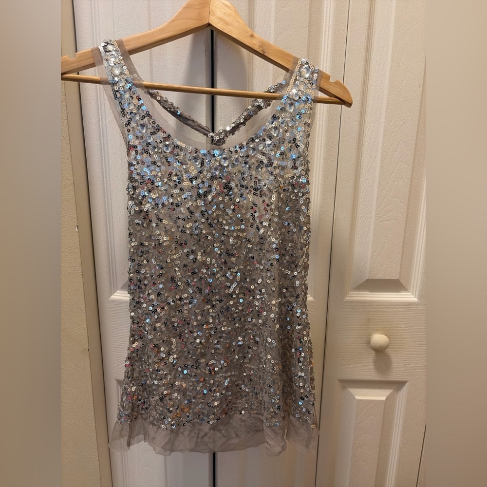 Silver Sequin Sheer Mesh Tank Top w/ Crystal Neckline, Size L